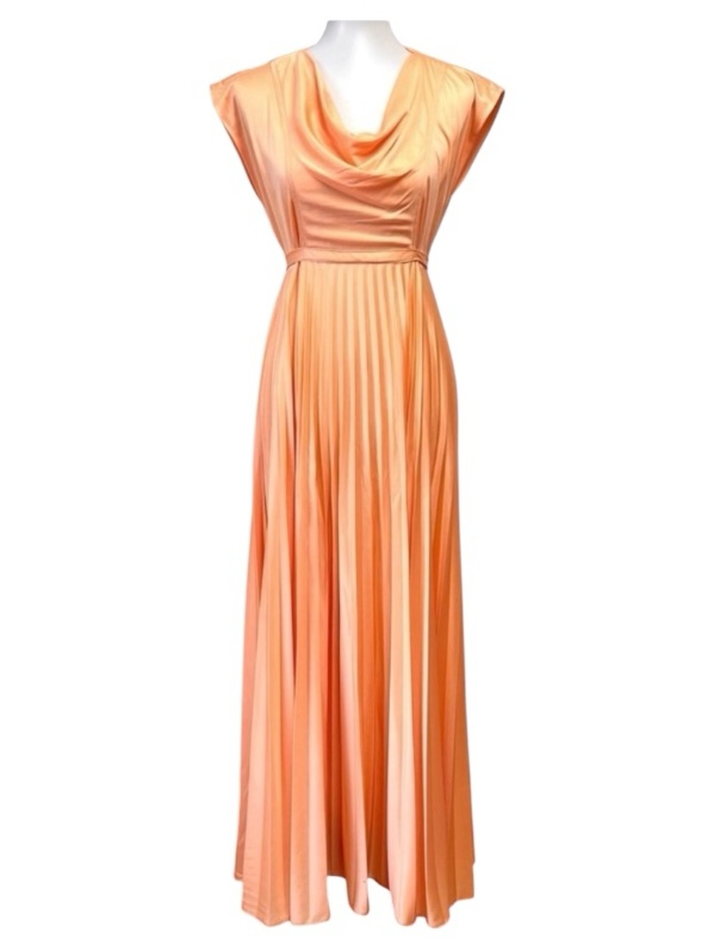 Vintage Retro Coral Sateen Draped Cowl Neck Pleated Skirt Goddess Maxi Dress